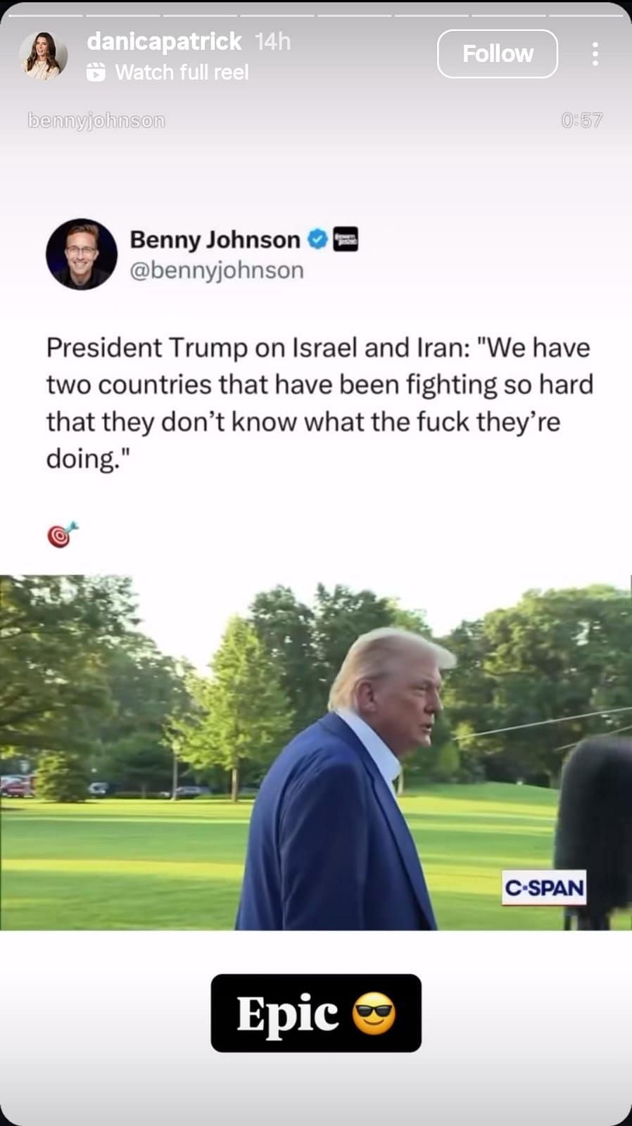 Danica Patrick dropped a one-word reaction to Donald Trump's comment on the Israel-Iran war (source: @daniciapatrick via Instagram)